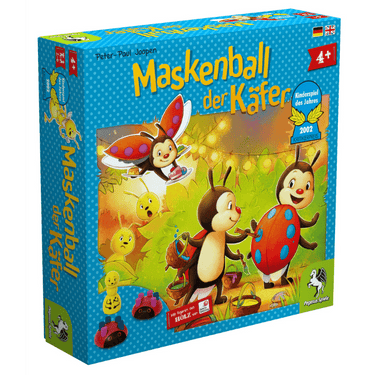 Children's game image showing Ladybird's Costume Party by Pegasus Spiele, featuring kids in colorful ladybird costumes at a party.