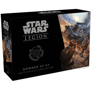 Star Wars: Legion Downed AT-ST Battlefield Expansion by Fantasy Flight Games, detailed war game miniature on battlefield terrain
