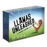 Llamas Unleashed party game by Unstable Games featuring colorful llama illustrations and game components on a table.