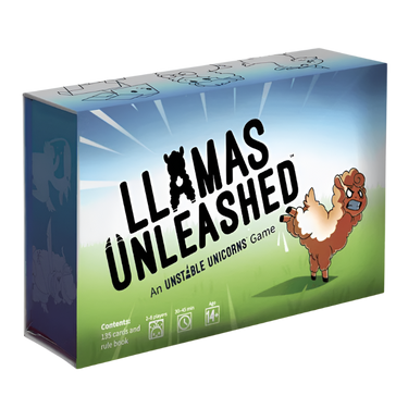 Llamas Unleashed party game by Unstable Games featuring colorful llama illustrations and game components on a table.