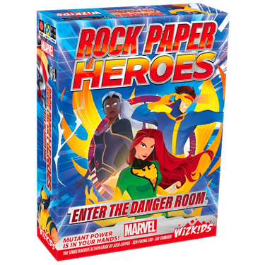 Marvel Rock Paper Heroes Enter the Danger Room party game by Wizkids featuring colorful game components and Marvel character artwork.