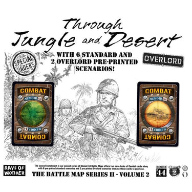 Memoir '44 war game box featuring jungle and desert terrain, by Days of Wonder, showcasing game components and thematic artwork.