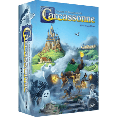 Mists over Carcassonne family game box by Z-Man Games with illustrated medieval landscape artwork.