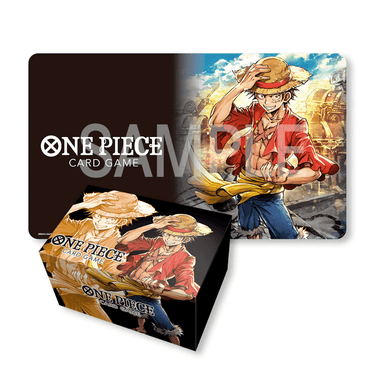 Bandai One Piece card game playmat and storage box featuring Monkey D. Luffy, with colorful artwork and organized storage design.