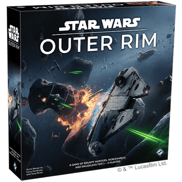 Strategic board game scene from Star Wars: Outer Rim by Fantasy Flight Games, featuring game components and starship miniatures.