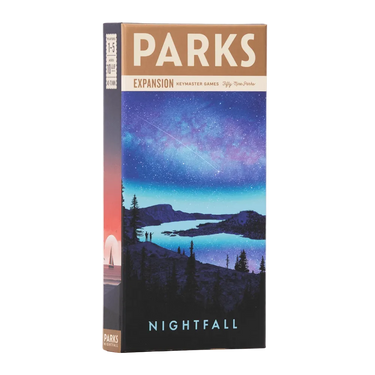PARKS: Nightfall family game expansion by Keymaster Games featuring colorful illustrated cards and outdoor nature scenes.