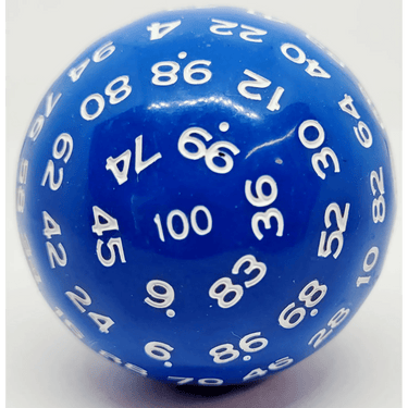 Blue and white D100 dice set by Dice 4 Friends, featuring large, numbered polyhedral dice for tabletop role-playing games.