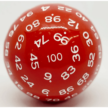 Red and white D100 dice set from Dice 4 Friends, featuring a large 100-sided die for tabletop role-playing games.