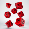 Red and black dragon-themed dice set from Q Workshop, featuring intricately designed RPG dice for tabletop gaming.