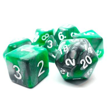 Set of Dragon Skin RPG dice from Dice 4 Friends, featuring colorful polyhedral dice for tabletop role-playing games.
