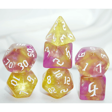 Citrine Rose Galaxy Dice Set by Dice 4 Friends featuring vibrant, shimmering RPG dice for tabletop gaming and role-playing games.