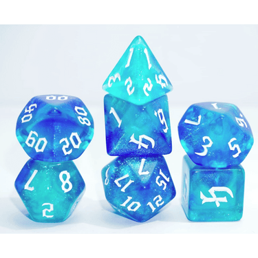 Galaxy Dice Set in sapphire from Dice 4 Friends featuring vibrant, starry-patterned polyhedral dice for tabletop gaming.