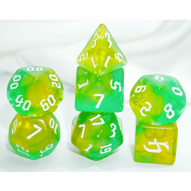 Yellow Opalite Galaxy dice set from Dice 4 Friends featuring vibrant, cosmic-themed polyhedral dice for tabletop RPG games.