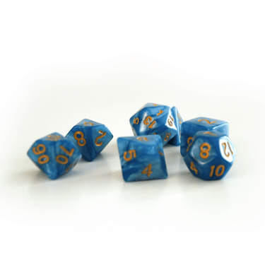 Pearl dice set in azure and gold from Dice 4 Friends, featuring shimmering RPG dice for tabletop gaming.