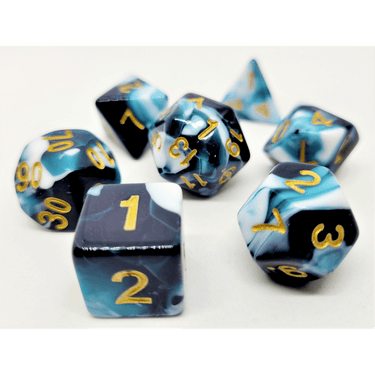 Racing dice set by Dice 4 Friends featuring petrol and white colored polyhedral dice for tabletop games.