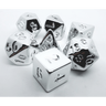 Shiny silver dice set from Dice 4 Friends, featuring various polyhedral dice for tabletop RPG games.