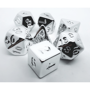 Shiny silver dice set from Dice 4 Friends, featuring various polyhedral dice for tabletop RPG games.