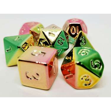 Bright rainbow shiny dice set from Dice 4 Friends, featuring colorful, reflective polyhedral dice for tabletop RPG gaming.