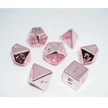 Shiny rose gold dice set from Dice 4 Friends, featuring multiple polyhedral dice for tabletop RPG gaming.