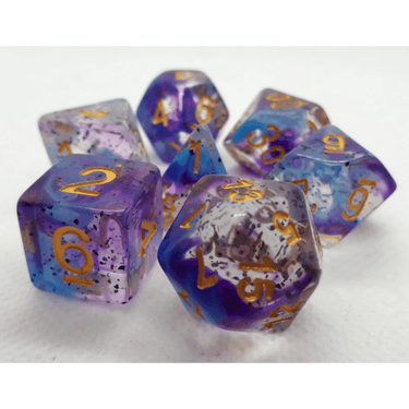 Violet Sulphur Confetti Dice Set by Dice 4 Friends, colorful polyhedral RPG dice for tabletop gaming.