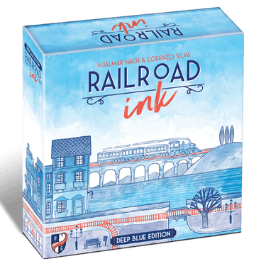 Railroad Ink Deep Blue Edition family game box with colorful game pieces and artwork for strategic railroad drawing fun.