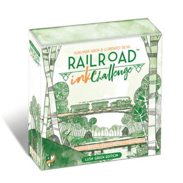 Railroad Ink Challenge Lush Green Edition family game box with green and black artwork, featuring colorful game pieces and a train theme.