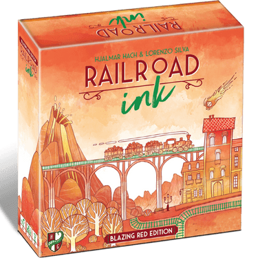 Railroad Ink: Blazing Red Edition family game box with colorful game pieces and vibrant artwork on the cover.