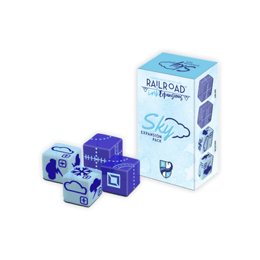Railroad Ink Sky Expansion Pack for the family game by Horrible Guild, featuring new sky-themed game tiles and artwork.