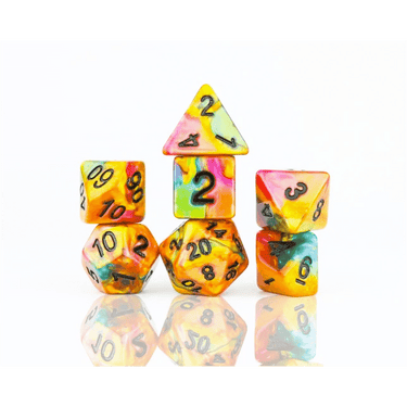 Rainbow Gold Dice Set from Sirius Dice featuring vibrant, multicolored polyhedral dice for tabletop gaming.