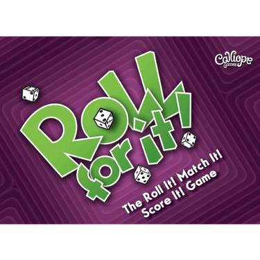 Calliope Games Roll For It! Purple family game box with colorful dice and game components for fun tabletop gaming.