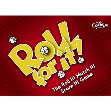 Calliope Games' Roll For It! Red 2nd Edition family game featuring colorful dice and game components on a wooden surface.
