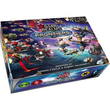 Photo of the Star Realms: Frontiers family card game by Wise Wizard Games, featuring colorful game cards and artwork.