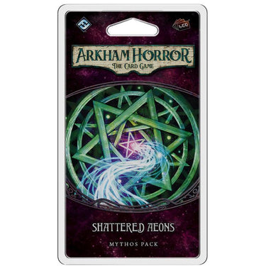Fantasy Flight Games Arkham Horror: The Card Game Shattered Aeons Mythos Pack, featuring card art and thematic elements from the living card game.