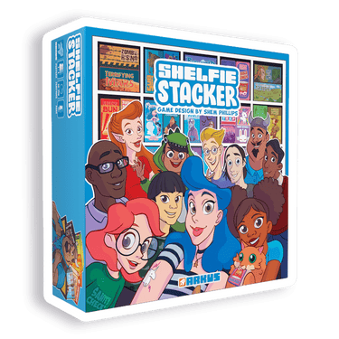 Colorful Shelfie Stacker family game by Arkus Games with wooden blocks and stacking pieces on a white background.