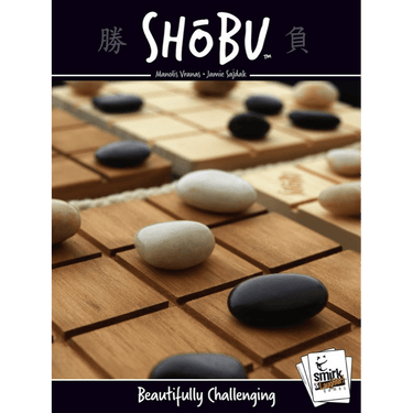 Abstract game Shobu by Smirk & Laughter Games featuring a wooden board with black and white stones for strategic gameplay.