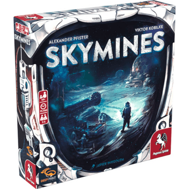 Skymines strategy game by Pegasus Spiele featuring colorful planet mining modules and futuristic game components.