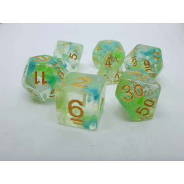 Sparkling green planet-themed dice set by Dice 4 Friends with shimmering, colorful polyhedral dice for tabletop gaming.