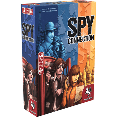 Spy Connection family game by Pegasus Spiele, showing a colorful game board with spy-themed cards and game pieces.