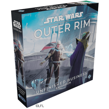 Star Wars: Outer Rim Unfinished Business strategy game by Fantasy Flight Games, featuring game components and character artwork.