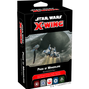 Star Wars X-Wing Pride of Mandalore Card Pack for War Games by Atomic Mass Games, featuring cards and game accessories.