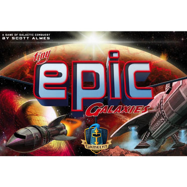 Tiny Epic Galaxies strategy game by Gamelyn Games featuring colorful galaxy-themed artwork and game components.