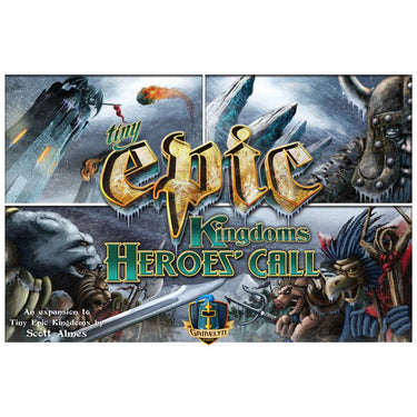 Tiny Epic Kingdoms: Heroes' Call strategy game by Gamelyn Games, featuring colorful game components and hero tokens on the game box.