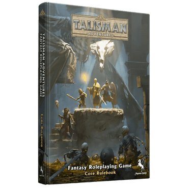 Cover of the Talisman Adventures RPG Core Rulebook by Pegasus Spiele, featuring fantasy artwork and game title.