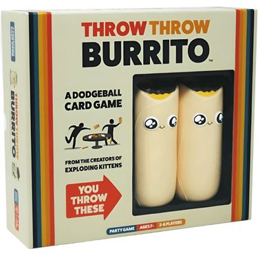 Exploding Kittens Throw Throw Burrito party game featuring colorful plush burritos and game cards on a wooden table setup.