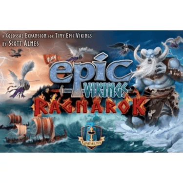 Tiny Epic Vikings: Ragnarok strategy game by Gamelyn Games, featuring game box with Viking-themed artwork and game components.