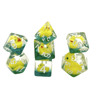 Colorful treasure dice set featuring duck-shaped dice from Dice 4 Friends, perfect for tabletop gaming and role-playing adventures.