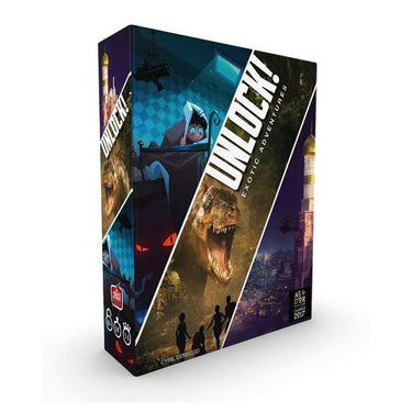 Family game box for Unlock! Exotic Adventures by Space Cowboys, featuring colorful artwork and game components.