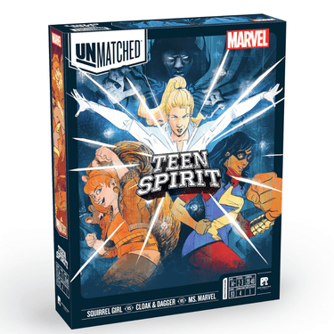 Unmatched Teen Spirit family game by IELLO featuring colorful card art and game components on a table.