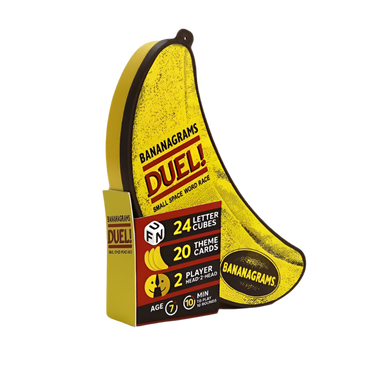 Bananagrams Duel! party game by Bananagrams, Inc., featuring colorful game tiles arranged on a white background.