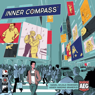 Abstract game called Inner Compass by Alderac Entertainment Group featuring colorful, geometric design on the game box.